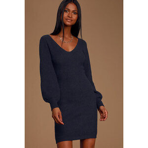 Lulus Heart Of Mine Navy Blue Balloon Sleeve Knit Sweater Dress - Size XS